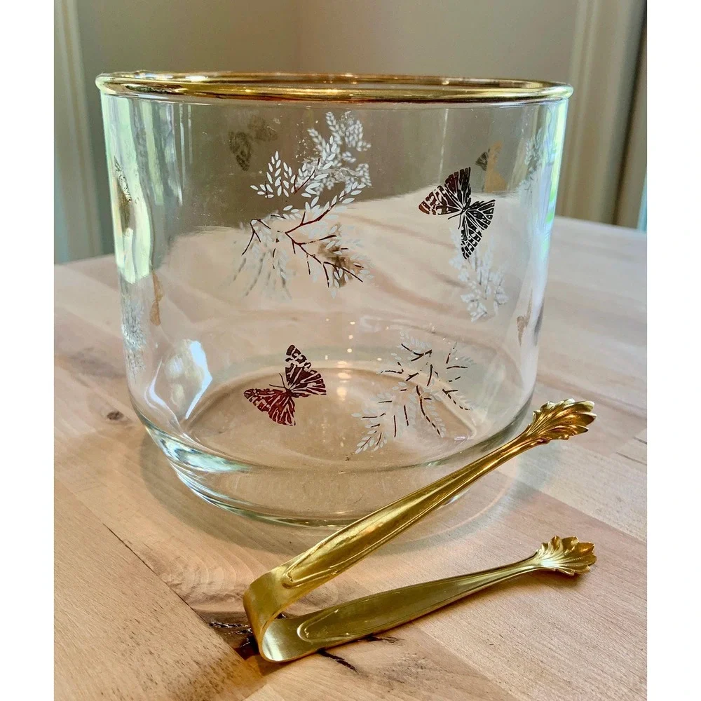 MCM 1970s Vintage Gold Butterfly and White Leaf Glass Ice Bucket w/ Golden Tongs